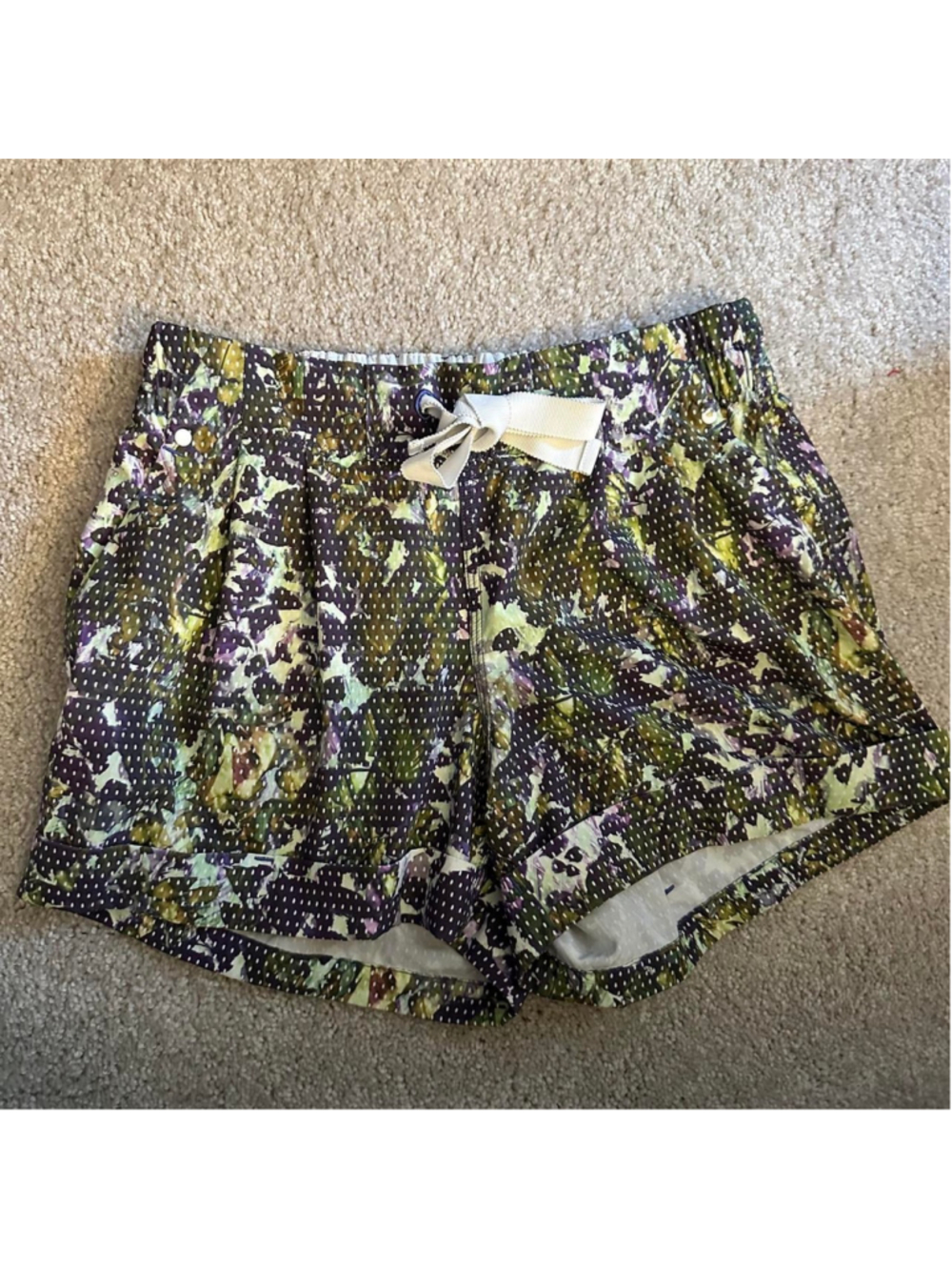 Lululemon green and purple camouflage shorts with white polka dots #activewear #